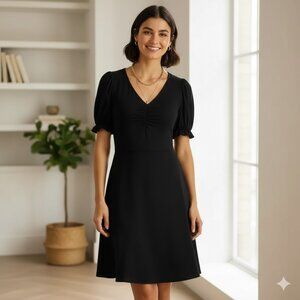 Boden Black V-Neck Fit & Flare Puff Sleeve Elastic Cuffs Feminine Dress, Size 4